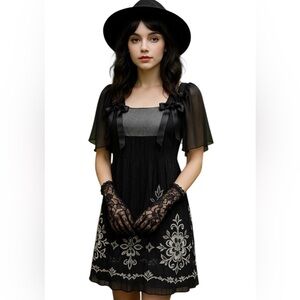 SugarLips Whimsigoth Embroidered Dress, Black/White, Dark Feminine, M